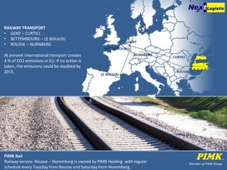 Member of PIMK Group
RAILWAY TRANSPORT
• GENT – CURTICI
• BETTEMBOURG – LE BOULOU
• ROUSSE – NURNBERG
At present international transport creates
4 % of CO2 emissions in EU. If no action is
taken, the emissions could be doubled by
2015.
PIMK Rail
Railway service: Rousse – Nuremberg is owned by PIMK Holding with regular
schedule every Tuesday from Rousse and Saturday from Nuremberg.
 