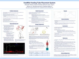 RESEARCH POSTER PRESENTATION DESIGN © 2015
www.PosterPresentations.com
The current gastric bypass procedure is invasive, expensive, and has an incredibly narrow
patient population.
This limits the number of patients who can benefit from its use by:
q Requiring long hospitalization periods post-op
q Limiting qualifying patients to those with a BMI >40 (and >35 with obesity-related
conditions)
q And, costing roughly $25,000 depending on state of residence
Current analogs to gastric bypass – the nasoduodenal feeding tube – are less invasive and
expensive, but are more dangerous.
This affects patient health by:
q Allowing quicker recovery times post-op
q Using repeated fluoroscopy exposure throughout treatment
Problem	Statement	
Clinical	Background	
We seek to create a novel product to act as an analog to gastric bypass by creating a
nasoduodenal feeding tube placement system that:
q Broadens patient population by:
q Requiring a single outpatient appointment for placement
q Increasing portability and decreasing cost such that the device can be used
throughout a hospital
q Creating a primary placement tool that is detachable from the tube post-op
q Provides confident tube placement by:
q Integrating a second method to determine tube location
q Providing high resolution between the stomach and duodenum
q Equipping the device to make real-time measurements
q Increases safety of tube placement as compared to gastric bypass or its analogs by:
q Using biocompatible tubing
q Triangulating location with a radiation-free method
Needs	Assessment	
Cylindrical Density Chamber
q Used for calibration and demonstration
q Allows variance of metrics of interest (pH and pressure)
q Markings on chamber indicate average location of regions of
interest
q Esophagus/stomach and stomach/duodenum interface
q Clear, polycarbonate pipe allows visualization of internal fluids
q Increasing depth allows increase in pressure based on density and
height of fluid
q Internal fluids simulate environment of different areas of the
gastrointestinal system (Table 1)
Design	Components	
Results	
Future	DirecDons	
q Transition from large-scale prototype to physiologic-scale final design through the use of
microsensors
q Submit Institutional Review Board application so that device can be tested in human
volunteers
q Create predictive algorithm that can amalgamate information from physiological sensors
and predict the region in which the pressure sensor lies
1.  Rovito, Peter F. "Gastric Bypass Surgery: Complete Patient Guide." Bariatric Surgery
Source, Web.
2.  “Enteral Nutrition.” PINNT. Web.
3.  Tran K, Brun R, Kuo B. Evaluation of regional and whole gut motility using the wireless
mobility capsule: Relevance in clinical practice. Therap Adv Gastroenterol. 2012; 5: 249-60.
4.  Bitar KN, Raghavan S, Zakhem E. Tissue engineering in the gut: Developments in
neuromusculature. Gastroenterology. 2014; 146: 1614-24.
5.  Bortolotti M, Sarti P, Barbara L, Brunelli F. Gastric myoelectric activity in patients with
chronic idiopathic gastroparesis. J Neurogastroenterol Motil. 1990; 2: 104-8.
6.  Holmes GM, Swartz EM, McLean MS. Fabrication and implantation of miniature dual-
element strain gages for measuring in vivo gastrointestinal contractions in rodents. J Vis Exp.
2014; 91: 51739.
7.  Shi Q, Wang J, Chen D, et al. In vitro and in vivo characterization of wireless and passive
micro system enabling gastrointestinal pressure monitoring. Biomed Microdevices. 2014; 16:
859-68.
8.  Towe BC. Piezoelectric contrast materials for ultrasound imaging. IEEE Trans Ultrason
Ferroelectr Freq Control. 2005; 52: 1483-8.
In addition to our sponsor, Dr. Naji Abumrad, and advisor, Dr. Matthew Walker III, we would also
like to thank Ms. Jean Barnes for her support and guidance. Funding for this project was provided
by the Biomedical Engineering Department of Vanderbilt University.
q  Gastric bypass surgery is an invasive, risky,
expensive, but often effective treatment for
obesity and obesity-related illnesses, such as
Type II diabetes (Figure 1A).
q  Bypassing the foregut using a nasoduodenal
or nasojejunal feeding tube may mimic the
effects of gastric bypass without surgical
intervention (Figure 1B).
q  Current tube placement systems have
definitive weaknesses
q  The correct placement of feeding
tube is difficult to confirm
without using X ray.
q  Current systems cannot definitely
differentiate between the lung
and stomach until alimentation
q  Pressure and pH change in a predictable and
characteristic pattern as you travel through
the gastrointestinal tract (Figure 2). Our
design detects the pH and pressure as the
feeding tube advances through the digestive
system, indicating the position of tube’s tip.
Biomedical	Engineering	Department,	Vanderbilt	University,	Nashville,	TN	
Alexander	Heilman,	Graham	Husband,	Katherine	Jones,	Ying	Lin	
Advisors:	Dr.	Naji	Abumrad	and	Dr.	MaXhew	Walker	III	
FeedRite	Feeding	Tube	Placement	System	
Conclusions	
Our feeding tube placement system will provide a safe and inexpensive but effective
alternative to weight loss surgery.
Our design successfully:
q Increases safety of weight loss treatment by:
q Eliminating the need for high risk, permanent gastric bypass surgery
q eliminating the use of radiation common in other naso-duodenal feeding tube
placement systems
q Provides reliable tube placement prior to alimentation by combining three metrics (length,
pH, and pressure)
q Widens the patient population through decreased cost and increased portability
We anticipate this device will revolutionize the way we approach the growing obesity
epidemic and related diseases.
References	
Acknowledgements	
pH Probe: Gather pH information from physiological environment and relay to Arduino
Pressure Probe: Receive pressure profile from gastrointestinal tract and relay to Arduino
Tubing: Provide biocompatible food transport tube while housing wires to probes and
using graduated markings on tube to provide healthcare provider with third data point for
healthcare providers to ensure confident placement. Our tube is also marked with the
approximate location of landmarks of interest so that healthcare providers can anticipate
the change in pH (Figure 4).
Figure 2: A 2012 study1 of the gastrointestinal tract in healthy adult volunteers showed drastic changes in pH and pressure profile
between different regions of the tract. These changes can be used to differentiate these regions.
Figure 1: A) The traditional gastric bypass procedure removes the
lower portion of the stomach, and connects the upper portion to the
jejunum.1 B) The use of nasoduodenal feeding tube2 as an
alternative solution to gastric bypass surgery has been proven
promising.
Region	of	GastrointesDnal	System	 SimulaDon	SoluDon	 Density	(g/mL)	 Measured	pH	
Esophagus	 91%	Isopropyl	Rubbing	Alcohol	 0.79	 7.2	
Stomach	 Red	Powerade	 1.00	 2.5	
Duodenum	 Tide	Laundry	Detergent	 1.06	 7.1	
Table 1: pH and density of liquids in density column simulating the GI system
Figure 3: Pressure and pH measurements are taken in the
gastrointestinal tract, relayed to the Arduino microcontroller,
and used to determine tip placement.
Figure 4: Our biocompatible feeding tube includes 1 cm
graduations as well as markings indicating the average location
of the entrance of the stomach and entrance of the duodenum.
740	
750	
760	
770	
780	
790	
800	
810	
820	
0	 0.5	 1	 1.5	 2	 2.5	 3	 3.5	
Pressure	(mmHg)	
Depth	of	Liquid	(d)	
Pressure	vs	Tube	Depth	
0	
1	
2	
3	
4	
5	
6	
7	
8	
0	 5	 10	 15	 20	 25	 30	 35	 40	 45	 50	 55	
pH	
Time	(s)	
pH	throughout	the	GI	Tract	
 