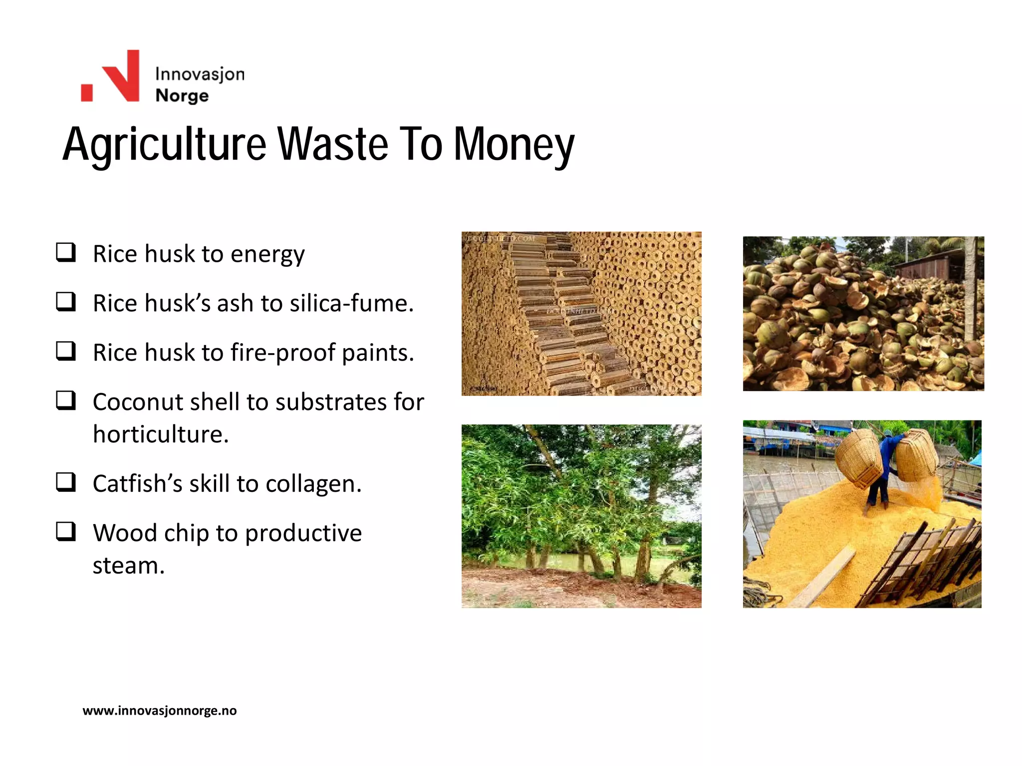 Agriculture Waste To Money
www.innovasjonnorge.no
 Rice husk to energy
 Rice husk’s ash to silica-fume.
 Rice husk to fire-proof paints.
 Coconut shell to substrates for
horticulture.
 Catfish’s skill to collagen.
 Wood chip to productive
steam.
 