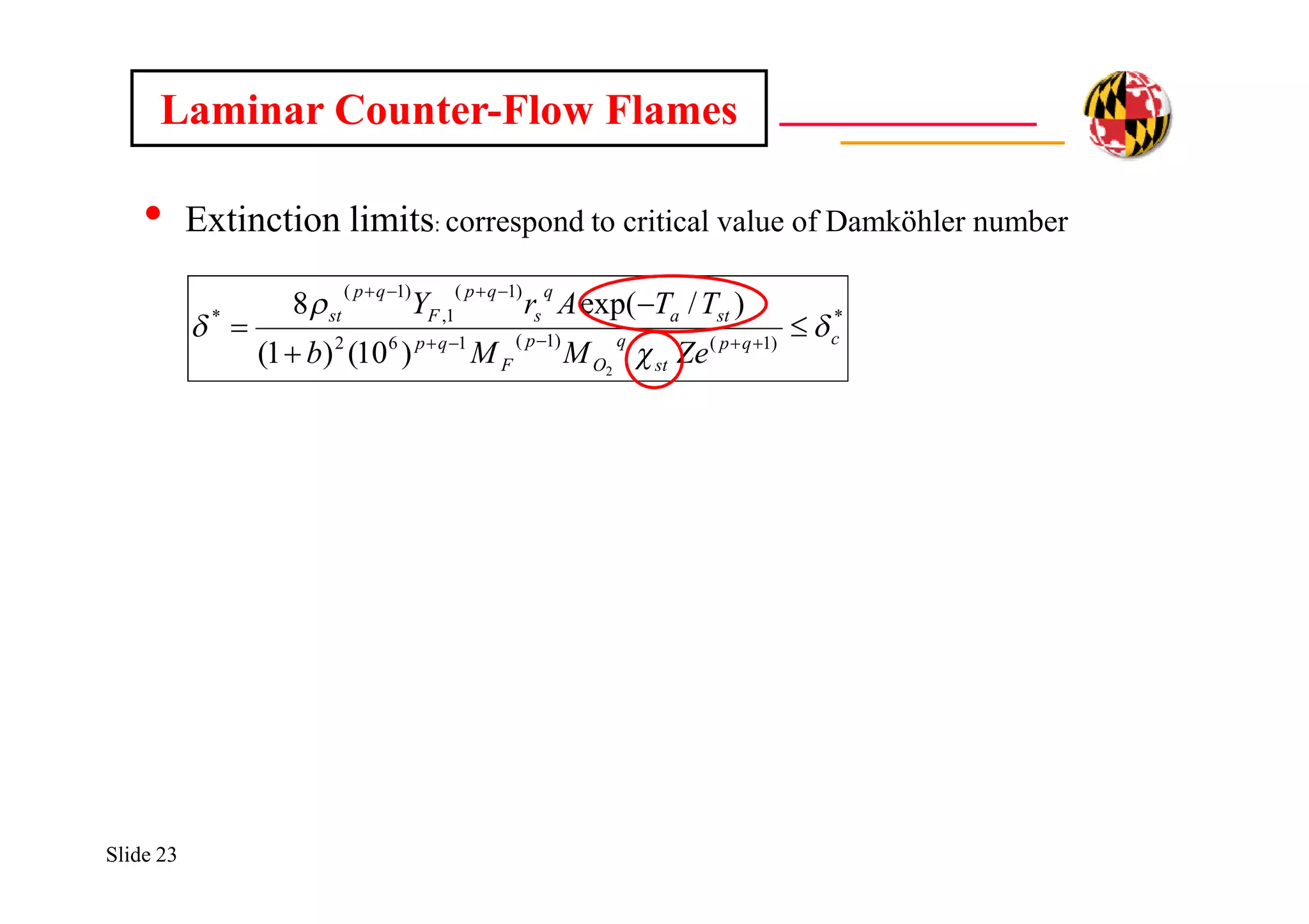 Slide 23
• Extinction limits: correspond to critical value of Damköhler number
*
)1()1(162
)1(
1,
)1(
*
2
)10()1(
)/exp(8
cqp
st
q
O
p
F
qp
sta
q
s
qp
F
qp
st
ZeMMb
TTArY



 


 

Laminar Counter-Flow Flames
 