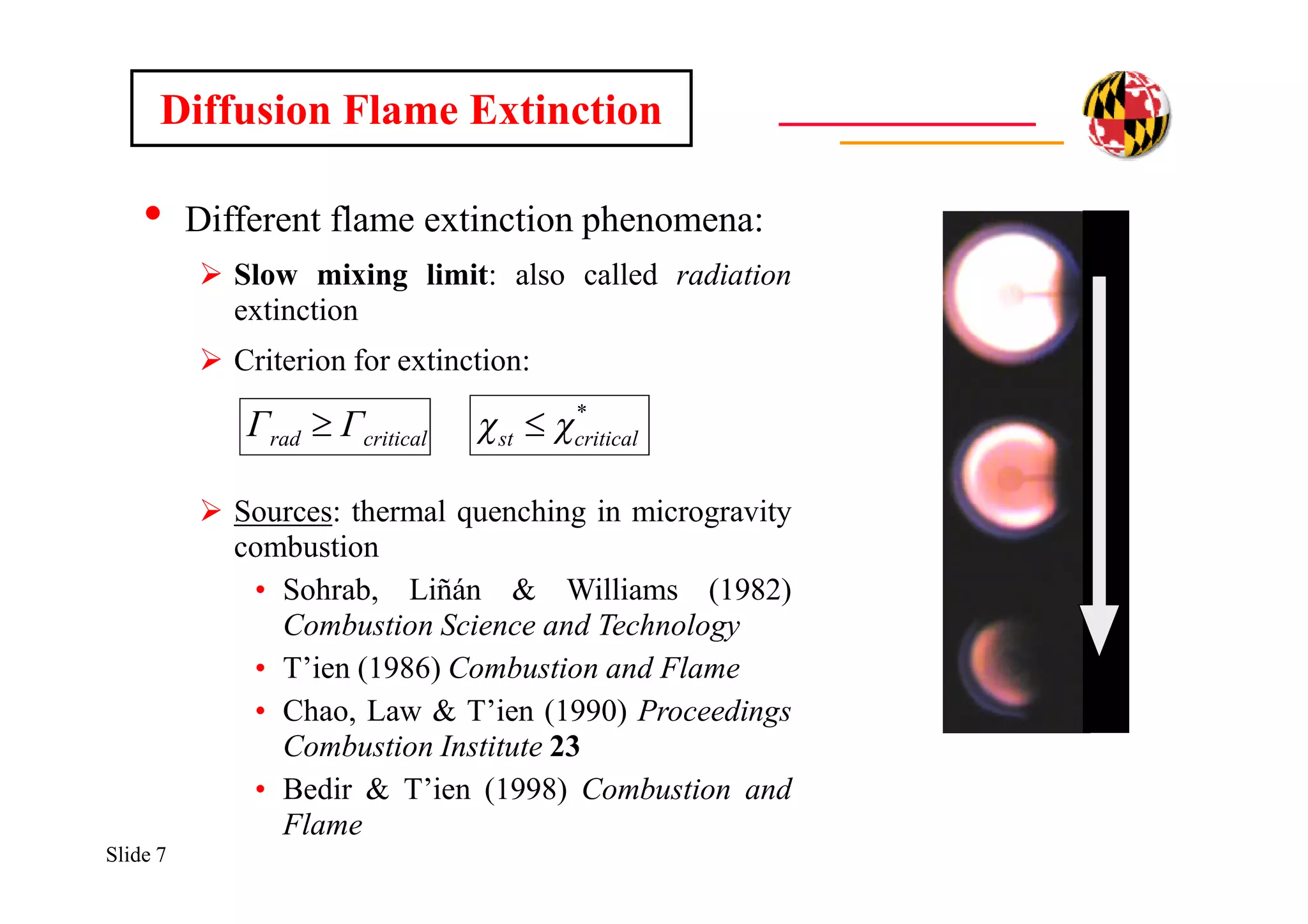 Slide 7
• Different flame extinction phenomena:
 Slow mixing limit: also called radiation
extinction
 Criterion for extinction:
 Sources: thermal quenching in microgravity
combustion
• Sohrab, Liñán & Williams (1982)
Combustion Science and Technology
• T’ien (1986) Combustion and Flame
• Chao, Law & T’ien (1990) Proceedings
Combustion Institute 23
• Bedir & T’ien (1998) Combustion and
Flame
Diffusion Flame Extinction
criticalrad ΓΓ  *
criticalst  
 