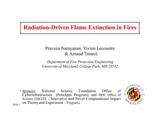 Slide 1
Radiation-Driven Flame Extinction in Fires
Praveen Narayanan, Vivien Lecoustre
& Arnaud Trouvé
Department of Fire Protection Engineering
University of Maryland, College Park, MD 20742
• Sponsors: National Science Foundation Office of
Cyberinfrastructure (PetaApps Program); and DOE Office of
Science (INCITE - Innovative and Novel Computational Impact
on Theory and Experiment – Program).
 