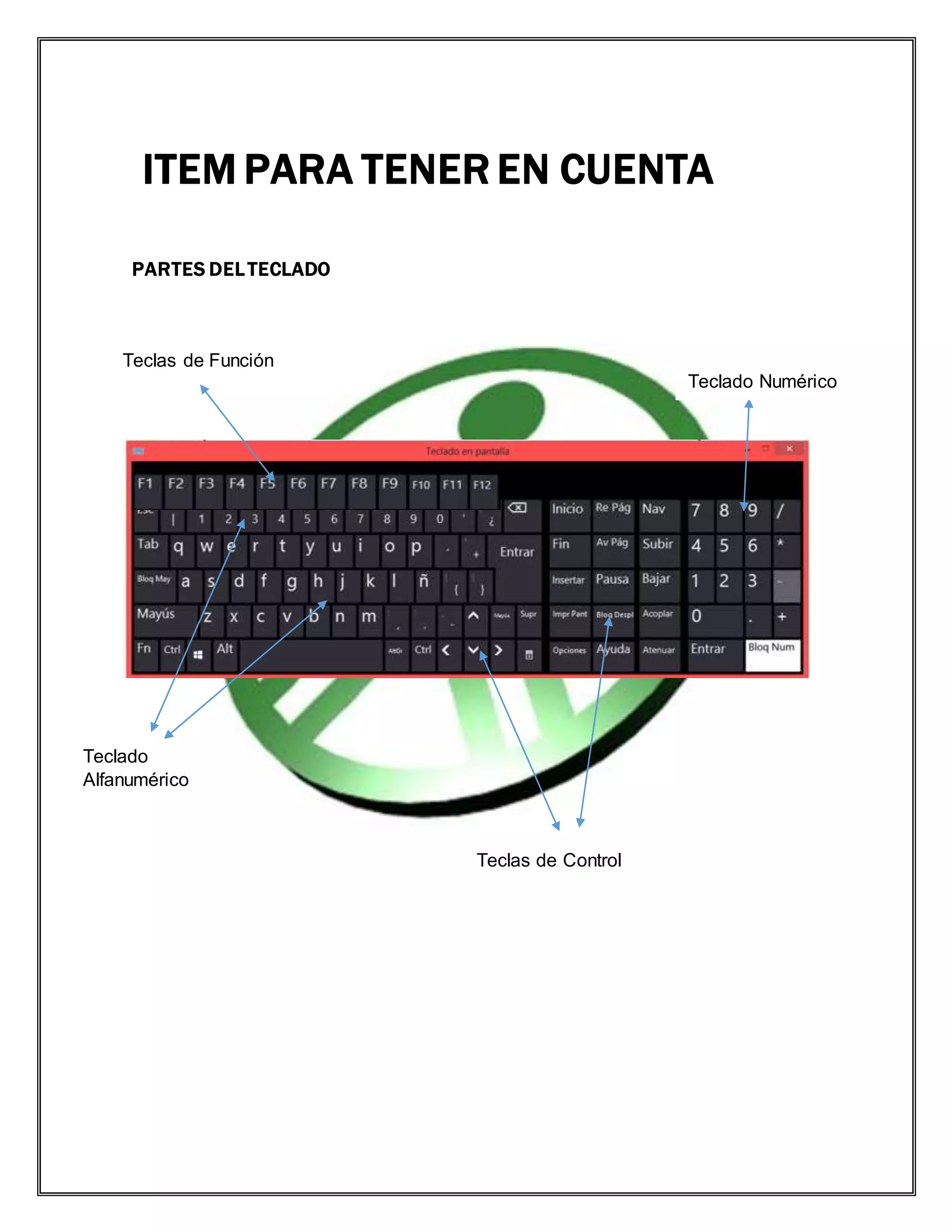 PARTES DELTECLADO
Teclas de Función
Teclado Numérico
Teclado
Alfanumérico
Teclas de Control
ITEM PARA TENER EN CUENTA
 