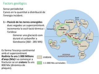 1 1 000 Ma serralades
Es forma l’escorça continental
amb el supercontinent
Rodínia fa uns 1 000 Milions
d’anys (Ma) i va començar a
fracturar-se en cratons fa uns
800 Ma (dinàmica de
plaques).
Factors geològics
Sense periodicitat
Canvis en la quantitat o distribució de
l’energia incident.
1 – Posició de les terres emergides
dues vegades un supercontintent.
incrementa la oscil·lació tèrmica i
l’aridesa
Generar una glaciació com
durant el carbonífer a
Gondwana (360 - 285 MA)
 