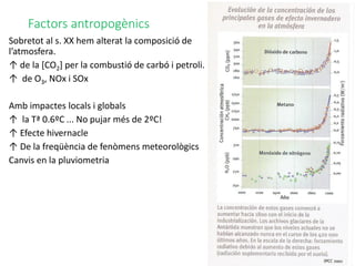 Factors antropogènics
Sobretot al s. XX hem alterat la composició de
l’atmosfera.
↑ de la [CO2] per la combustió de carbó i petroli.
↑ de O3, NOx i SOx
Amb impactes locals i globals
↑ la Tª 0.6ºC ... No pujar més de 2ºC!
↑ Efecte hivernacle
↑ De la freqüència de fenòmens meteorològics
Canvis en la pluviometria
 