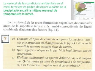 La varietat de les condicions ambientals en el
medi terrestre es poden descriure a partir de la
precipitació anual i la mitjana mensual de
temperatures mínimes.
67
 