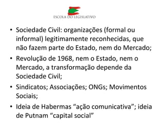 • Sociedade Civil: organizações (formal ou
informal) legitimamente reconhecidas, que
não fazem parte do Estado, nem do Mercado;
• Revolução de 1968, nem o Estado, nem o
Mercado, a transformação depende da
Sociedade Civil;
• Sindicatos; Associações; ONGs; Movimentos
Sociais;
• Ideia de Habermas “ação comunicativa”; ideia
de Putnam “capital social”
 