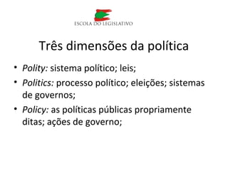 Três dimensões da política
• Polity: sistema político; leis;
• Politics: processo político; eleições; sistemas
de governos;
• Policy: as políticas públicas propriamente
ditas; ações de governo;
 