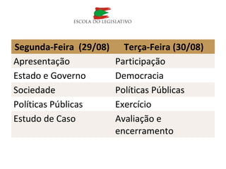 ProgramaSegunda-Feira (29/08) Terça-Feira (30/08)
Apresentação Participação
Estado e Governo Democracia
Sociedade Políticas Públicas
Políticas Públicas Exercício
Estudo de Caso Avaliação e
encerramento
 