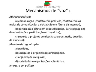 Mecanismos de “voz” :
Atividade política:
a) comunicação (contato com políticos, contato com os
meios de comunicação, participação em fóruns da Internet),
b) participação direta em ações (boicotes, participação em
demonstrações, participação em comícios),
c) suporte a projetos políticos (abaixo-assinado, doações
de dinheiro);
Membro de organizações:
a) partidos,
b) sindicatos e organizações profissionais,
c) organizações religiosas,
d) sociedades e organizações voluntárias;
Interesse em política
 