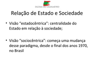 Relação de Estado e Sociedade
• Visão “estadocêntrica”: centralidade do
Estado em relação à sociedade;
• Visão “sociocêntrica”: começa uma mudança
desse paradigma, desde o final dos anos 1970,
no Brasil
 