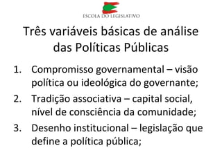 Três variáveis básicas de análise
das Políticas Públicas
1. Compromisso governamental – visão
política ou ideológica do governante;
2. Tradição associativa – capital social,
nível de consciência da comunidade;
3. Desenho institucional – legislação que
define a política pública;
 