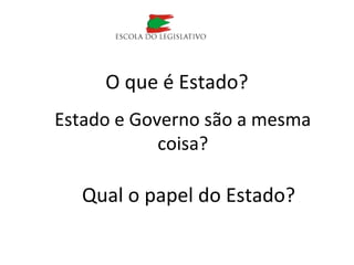 O que é Estado?
Estado e Governo são a mesma
coisa?
Qual o papel do Estado?
 