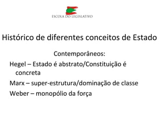 Contemporâneos:
Hegel – Estado é abstrato/Constituição é
concreta
Marx – super-estrutura/dominação de classe
Weber – monopólio da força
Histórico de diferentes conceitos de Estado
 