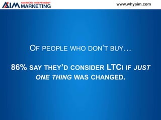 www.whyaim.com
OF PEOPLE WHO DON’T BUY…
86% SAY THEY’D CONSIDER LTCI IF JUST
ONE THING WAS CHANGED.
 