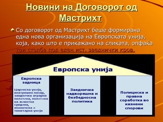 Новини на Договорот од
         Мастрихт
Со договорот од Мастрихт беше формирана
една нова организација на Европската унија,
која, како што е прикажано на сликата, опфаќа
три столба под еден ист, заеднички кров.
 