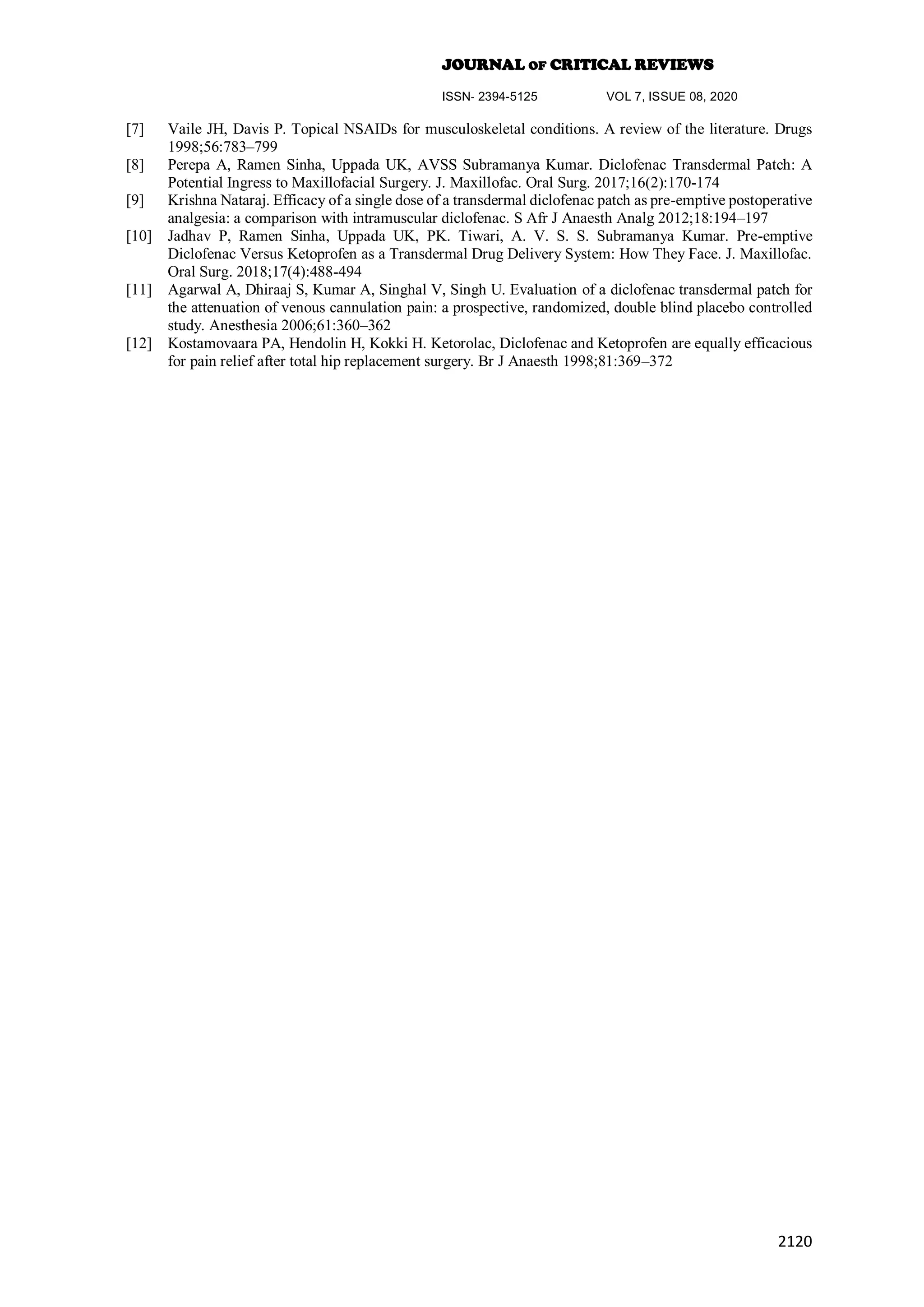 EFFICACY OF TRANSDERMAL PATCHES IN THE MANAGEMENT OF POSTOPERATIVE PAIN ...