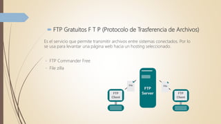  FTP Gratuitos F T P (Protocolo de Trasferencia de Archivos)
Es el servicio que permite transmitir archivos entre sistemas conectados. Por lo
se usa para levantar una página web hacia un hosting seleccionado.
FTP Commander Free
File zilla
 