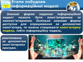 7
Етапи побудови
інформаційної моделіРозділ 2
§ 7
Знакові форми подання інформаційної
моделі можуть бути комп’ютерними та
некомп’ютерними. Оскільки знакова форма
доступна для опрацювання за допомогою
комп’ютера, то можна створювати комп’ютерну
модель, тобто інформаційну модель,
реалізовану
за допомогою
комп’ютерних
програм.
 