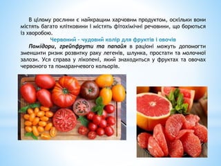 Рослинний хімічний бета–каротин, який знаходиться в помаранчевих
та жовтих продуктах, особливо корисний для організму. Бет...