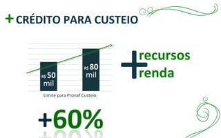 Limite para Pronaf Custeio
+CRÉDITO PARA CUSTEIO
recursos
renda+
 