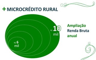 +MICROCRÉDITO RURAL
R$ 6
mil
Ampliação
Renda Bruta
anual
 