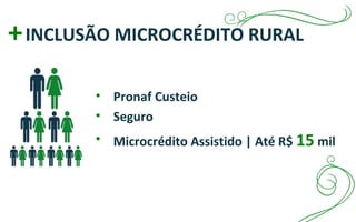 +INCLUSÃO MICROCRÉDITO RURAL
• Pronaf Custeio
• Seguro
• Microcrédito Assistido | Até R$ 15 mil
 