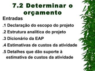 10
7.2 Determinar o
orçamento
Entradas
.1 Declaração do escopo do projeto
.2 Estrutura analítica do projeto
.3 Dicionário da EAP
.4 Estimativas de custos da atividade
.5 Detalhes que dão suporte à
estimativa de custos da atividade
 