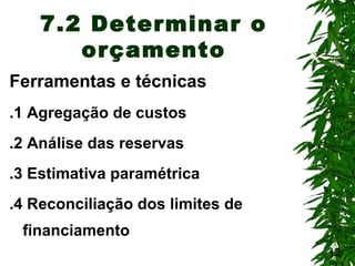 12
7.2 Determinar o
orçamento
Ferramentas e técnicas
.1 Agregação de custos
.2 Análise das reservas
.3 Estimativa paramétrica
.4 Reconciliação dos limites de
financiamento
 