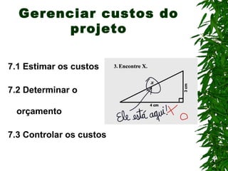 3
Gerenciar custos do
projeto
7.1 Estimar os custos
7.2 Determinar o
orçamento
7.3 Controlar os custos
 