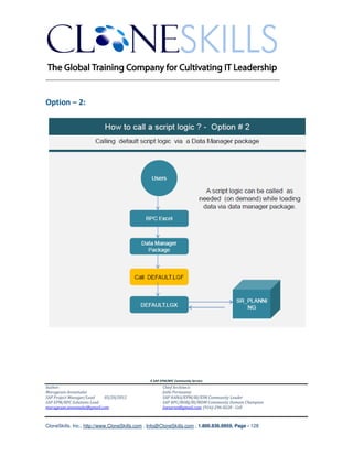 ________________________________________________________________________


Option – 2:




                                               A SAP EPM/BPC Community Service
Author:                                               Chief Architect:
Murugesan Annamalai                                   Jothi Periasamy
SAP Project Manager/Lead   03/20/2012                 SAP HANA/EPM/BI/EIM Community Leader
SAP EPM/BPC Solutions Lead                            SAP BPC/BOBJ/BI/MDM Community Domain Champion
murugesan.annamalai@gmail.com                         Joesaran@gmail.com, (916)-296-0228 - Cell



CloneSkills, Inc., http://www.CloneSkills.com , Info@CloneSkills.com , 1.800.836.8959, Page - 128
 