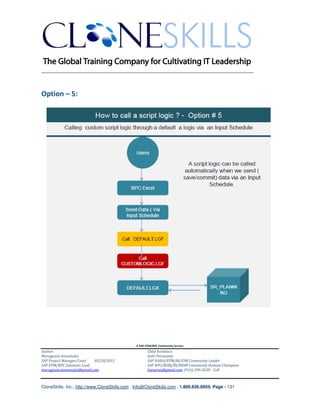 ________________________________________________________________________



Option – 5:




                                               A SAP EPM/BPC Community Service
Author:                                               Chief Architect:
Murugesan Annamalai                                   Jothi Periasamy
SAP Project Manager/Lead   03/20/2012                 SAP HANA/EPM/BI/EIM Community Leader
SAP EPM/BPC Solutions Lead                            SAP BPC/BOBJ/BI/MDM Community Domain Champion
murugesan.annamalai@gmail.com                         Joesaran@gmail.com, (916)-296-0228 - Cell



CloneSkills, Inc., http://www.CloneSkills.com , Info@CloneSkills.com , 1.800.836.8959, Page - 131
 