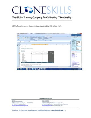 ________________________________________________________________________


6.3 The following screen shows the data copied to JAN, FEB & MAR 2007.




                                               A SAP EPM/BPC Community Service
Author:                                               Chief Architect:
Murugesan Annamalai                                   Jothi Periasamy
SAP Project Manager/Lead   03/20/2012                 SAP HANA/EPM/BI/EIM Community Leader
SAP EPM/BPC Solutions Lead                            SAP BPC/BOBJ/BI/MDM Community Domain Champion
murugesan.annamalai@gmail.com                         Joesaran@gmail.com, (916)-296-0228 - Cell



CloneSkills, Inc., http://www.CloneSkills.com , Info@CloneSkills.com , 1.800.836.8959, Page - 51
 