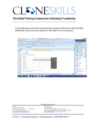 ________________________________________________________________________


    7.3 The following screen shows the Quantity(increased by 10%) data for JAN, FEB, MAR,
    2006(PLAN), which have been copied from JAN, 2005 for the same product.




                                               A SAP EPM/BPC Community Service
Author:                                               Chief Architect:
Murugesan Annamalai                                   Jothi Periasamy
SAP Project Manager/Lead   03/20/2012                 SAP HANA/EPM/BI/EIM Community Leader
SAP EPM/BPC Solutions Lead                            SAP BPC/BOBJ/BI/MDM Community Domain Champion
murugesan.annamalai@gmail.com                         Joesaran@gmail.com, (916)-296-0228 - Cell



CloneSkills, Inc., http://www.CloneSkills.com , Info@CloneSkills.com , 1.800.836.8959, Page - 55
 