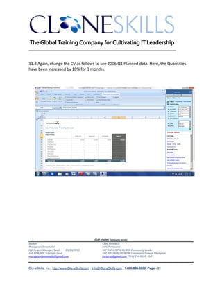 ________________________________________________________________________


11.4 Again, change the CV as follows to see 2006 Q1 Planned data. Here, the Quantities
have been increased by 10% for 3 months.




                                               A SAP EPM/BPC Community Service
Author:                                               Chief Architect:
Murugesan Annamalai                                   Jothi Periasamy
SAP Project Manager/Lead   03/20/2012                 SAP HANA/EPM/BI/EIM Community Leader
SAP EPM/BPC Solutions Lead                            SAP BPC/BOBJ/BI/MDM Community Domain Champion
murugesan.annamalai@gmail.com                         Joesaran@gmail.com, (916)-296-0228 - Cell



CloneSkills, Inc., http://www.CloneSkills.com , Info@CloneSkills.com , 1.800.836.8959, Page - 81
 