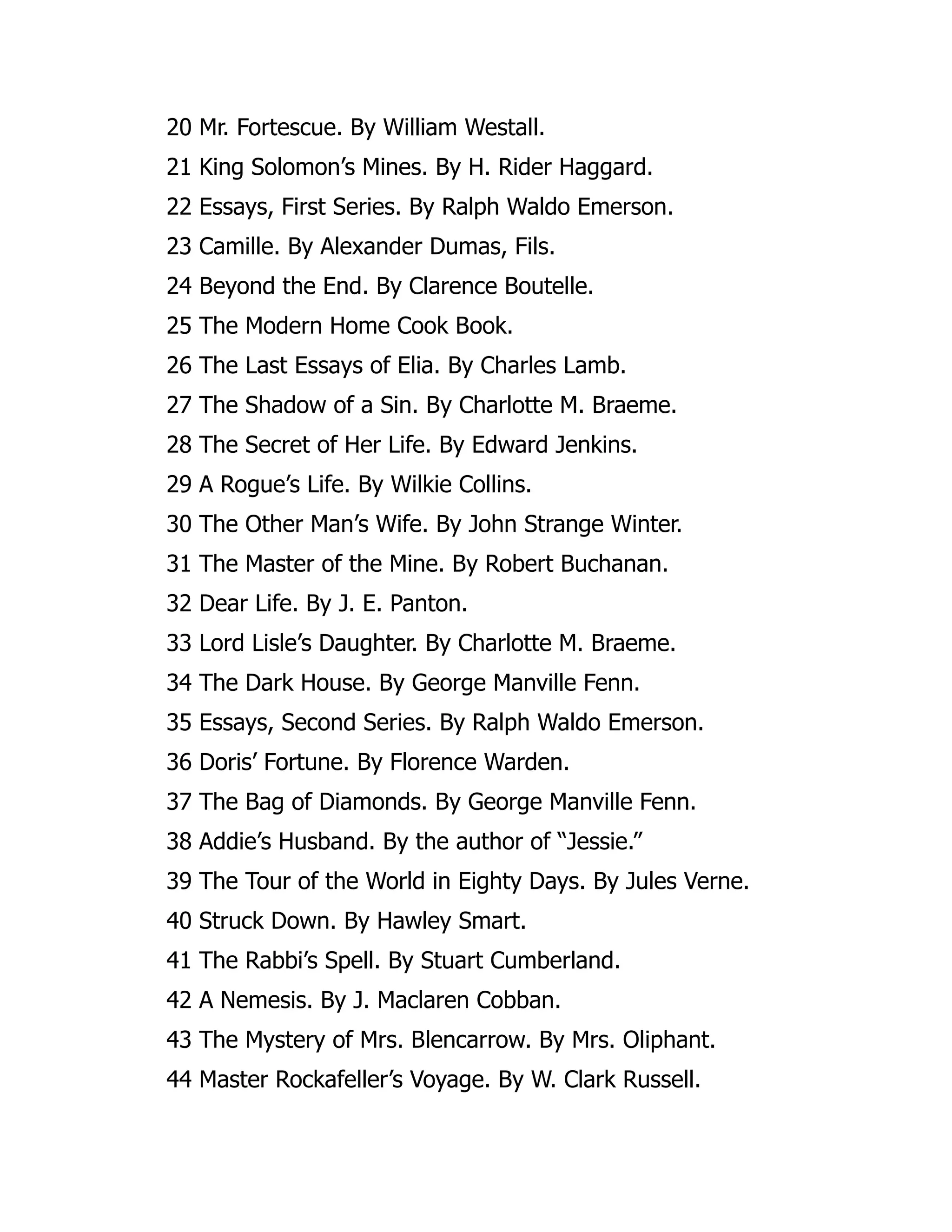 20 Mr. Fortescue. By William Westall.
21 King Solomon’s Mines. By H. Rider Haggard.
22 Essays, First Series. By Ralph Waldo Emerson.
23 Camille. By Alexander Dumas, Fils.
24 Beyond the End. By Clarence Boutelle.
25 The Modern Home Cook Book.
26 The Last Essays of Elia. By Charles Lamb.
27 The Shadow of a Sin. By Charlotte M. Braeme.
28 The Secret of Her Life. By Edward Jenkins.
29 A Rogue’s Life. By Wilkie Collins.
30 The Other Man’s Wife. By John Strange Winter.
31 The Master of the Mine. By Robert Buchanan.
32 Dear Life. By J. E. Panton.
33 Lord Lisle’s Daughter. By Charlotte M. Braeme.
34 The Dark House. By George Manville Fenn.
35 Essays, Second Series. By Ralph Waldo Emerson.
36 Doris’ Fortune. By Florence Warden.
37 The Bag of Diamonds. By George Manville Fenn.
38 Addie’s Husband. By the author of “Jessie.”
39 The Tour of the World in Eighty Days. By Jules Verne.
40 Struck Down. By Hawley Smart.
41 The Rabbi’s Spell. By Stuart Cumberland.
42 A Nemesis. By J. Maclaren Cobban.
43 The Mystery of Mrs. Blencarrow. By Mrs. Oliphant.
44 Master Rockafeller’s Voyage. By W. Clark Russell.
 