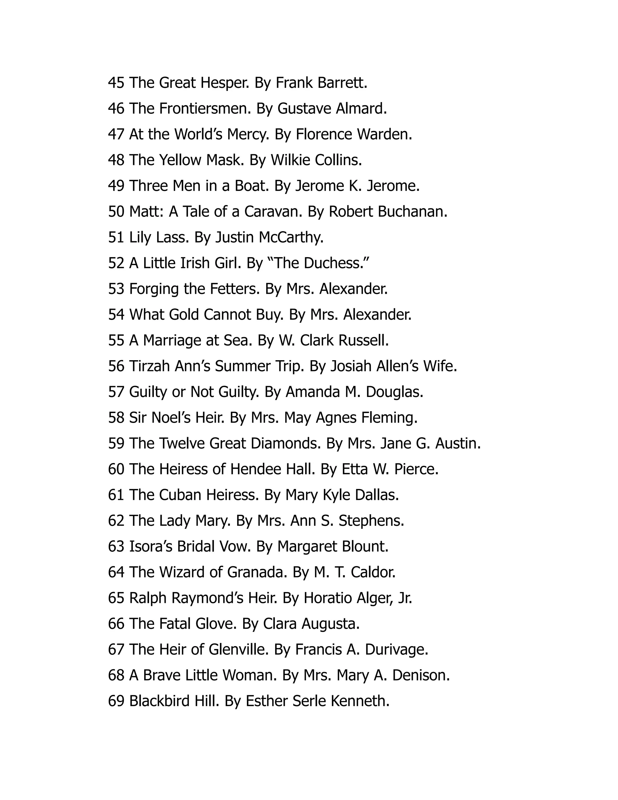 45 The Great Hesper. By Frank Barrett.
46 The Frontiersmen. By Gustave Almard.
47 At the World’s Mercy. By Florence Warden.
48 The Yellow Mask. By Wilkie Collins.
49 Three Men in a Boat. By Jerome K. Jerome.
50 Matt: A Tale of a Caravan. By Robert Buchanan.
51 Lily Lass. By Justin McCarthy.
52 A Little Irish Girl. By “The Duchess.”
53 Forging the Fetters. By Mrs. Alexander.
54 What Gold Cannot Buy. By Mrs. Alexander.
55 A Marriage at Sea. By W. Clark Russell.
56 Tirzah Ann’s Summer Trip. By Josiah Allen’s Wife.
57 Guilty or Not Guilty. By Amanda M. Douglas.
58 Sir Noel’s Heir. By Mrs. May Agnes Fleming.
59 The Twelve Great Diamonds. By Mrs. Jane G. Austin.
60 The Heiress of Hendee Hall. By Etta W. Pierce.
61 The Cuban Heiress. By Mary Kyle Dallas.
62 The Lady Mary. By Mrs. Ann S. Stephens.
63 Isora’s Bridal Vow. By Margaret Blount.
64 The Wizard of Granada. By M. T. Caldor.
65 Ralph Raymond’s Heir. By Horatio Alger, Jr.
66 The Fatal Glove. By Clara Augusta.
67 The Heir of Glenville. By Francis A. Durivage.
68 A Brave Little Woman. By Mrs. Mary A. Denison.
69 Blackbird Hill. By Esther Serle Kenneth.
 