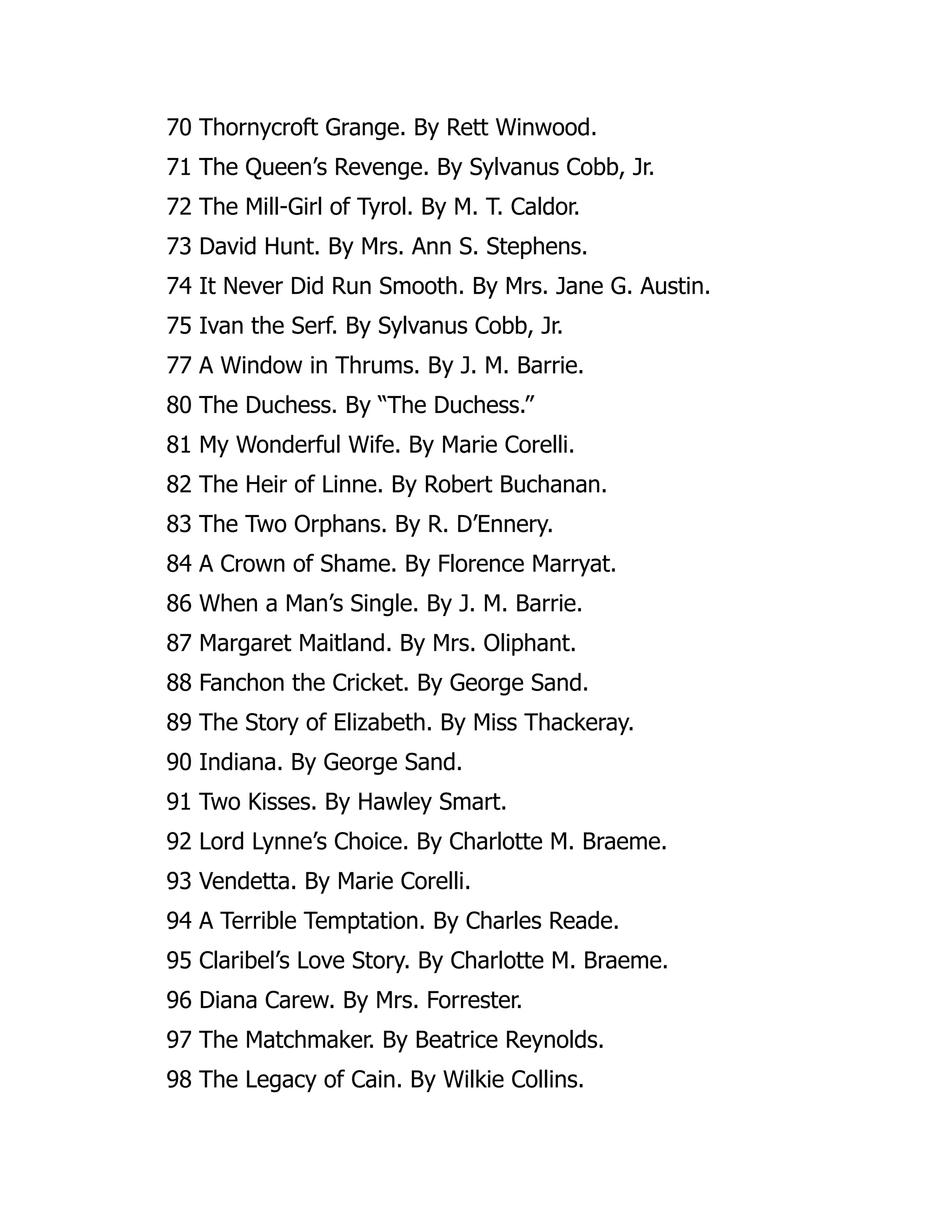 70 Thornycroft Grange. By Rett Winwood.
71 The Queen’s Revenge. By Sylvanus Cobb, Jr.
72 The Mill-Girl of Tyrol. By M. T. Caldor.
73 David Hunt. By Mrs. Ann S. Stephens.
74 It Never Did Run Smooth. By Mrs. Jane G. Austin.
75 Ivan the Serf. By Sylvanus Cobb, Jr.
77 A Window in Thrums. By J. M. Barrie.
80 The Duchess. By “The Duchess.”
81 My Wonderful Wife. By Marie Corelli.
82 The Heir of Linne. By Robert Buchanan.
83 The Two Orphans. By R. D’Ennery.
84 A Crown of Shame. By Florence Marryat.
86 When a Man’s Single. By J. M. Barrie.
87 Margaret Maitland. By Mrs. Oliphant.
88 Fanchon the Cricket. By George Sand.
89 The Story of Elizabeth. By Miss Thackeray.
90 Indiana. By George Sand.
91 Two Kisses. By Hawley Smart.
92 Lord Lynne’s Choice. By Charlotte M. Braeme.
93 Vendetta. By Marie Corelli.
94 A Terrible Temptation. By Charles Reade.
95 Claribel’s Love Story. By Charlotte M. Braeme.
96 Diana Carew. By Mrs. Forrester.
97 The Matchmaker. By Beatrice Reynolds.
98 The Legacy of Cain. By Wilkie Collins.
 