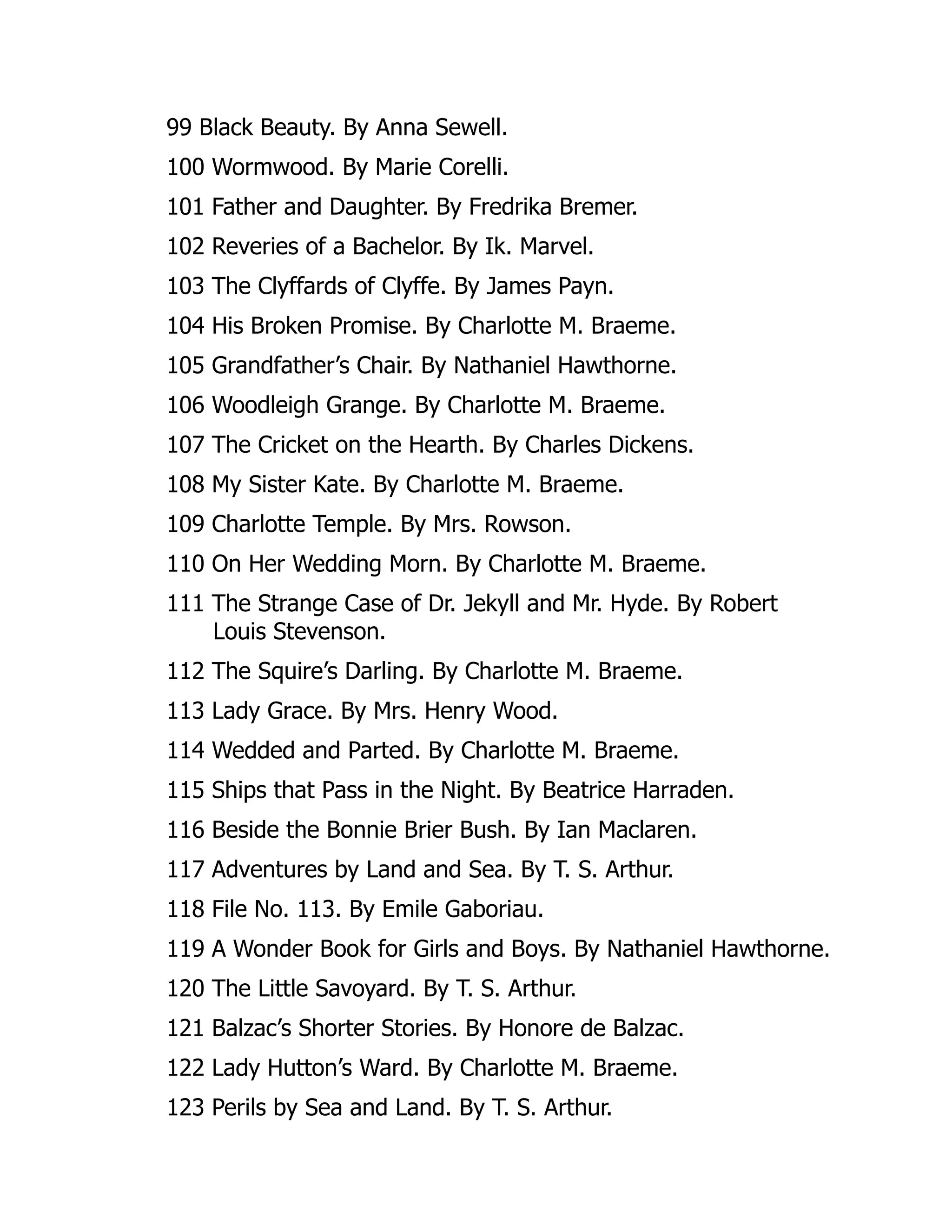 99 Black Beauty. By Anna Sewell.
100 Wormwood. By Marie Corelli.
101 Father and Daughter. By Fredrika Bremer.
102 Reveries of a Bachelor. By Ik. Marvel.
103 The Clyffards of Clyffe. By James Payn.
104 His Broken Promise. By Charlotte M. Braeme.
105 Grandfather’s Chair. By Nathaniel Hawthorne.
106 Woodleigh Grange. By Charlotte M. Braeme.
107 The Cricket on the Hearth. By Charles Dickens.
108 My Sister Kate. By Charlotte M. Braeme.
109 Charlotte Temple. By Mrs. Rowson.
110 On Her Wedding Morn. By Charlotte M. Braeme.
111 The Strange Case of Dr. Jekyll and Mr. Hyde. By Robert
Louis Stevenson.
112 The Squire’s Darling. By Charlotte M. Braeme.
113 Lady Grace. By Mrs. Henry Wood.
114 Wedded and Parted. By Charlotte M. Braeme.
115 Ships that Pass in the Night. By Beatrice Harraden.
116 Beside the Bonnie Brier Bush. By Ian Maclaren.
117 Adventures by Land and Sea. By T. S. Arthur.
118 File No. 113. By Emile Gaboriau.
119 A Wonder Book for Girls and Boys. By Nathaniel Hawthorne.
120 The Little Savoyard. By T. S. Arthur.
121 Balzac’s Shorter Stories. By Honore de Balzac.
122 Lady Hutton’s Ward. By Charlotte M. Braeme.
123 Perils by Sea and Land. By T. S. Arthur.
 