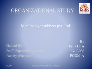 Manimalayar rubbers pvt. Ltd.
By
Tania Dhar
PG-13086
PGDM-A
7/31/2016 International School of Business & Research 1
Guided By
Proff. Saptarshi Mukherjee
Faculty (Finance)
ORGANIZATIONAL STUDY
 