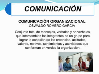 COMUNICACIÓN
COMUNICACIÓN ORGANIZACIONAL
OSWALDO ROMERO GARCÍA
Conjunto total de mensajes, verbales y no verbales,
que intercambian los integrantes de un grupo para
lograr la cohesión de las creencias, actitudes,
valores, motivos, sentimientos y actividades que
conforman en verdad la organización.
 