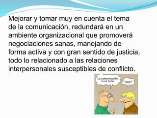 Mejorar y tomar muy en cuenta el tema
de la comunicación, redundará en un
ambiente organizacional que promoverá
negociaciones sanas, manejando de
forma activa y con gran sentido de justicia,
todo lo relacionado a las relaciones
interpersonales susceptibles de conflicto.
 