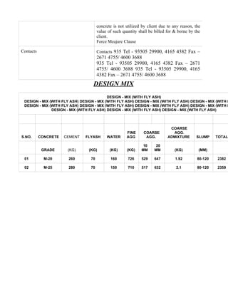 concrete is not utilized by client due to any reason, the
                                       value of such quantity shall be billed for & borne by the
                                       client.
                                       Force Meajure Clause

Contacts                               Contacts 935 Tel - 93505 29900, 4165 4382 Fax –
                                       2671 4755/ 4600 3688
                                       935 Tel - 93505 29900, 4165 4382 Fax – 2671
                                       4755/ 4600 3688 935 Tel - 93505 29900, 4165
                                       4382 Fax – 2671 4755/ 4600 3688
                                    DESIGN MIX
                                           DESIGN - MIX (WITH FLY ASH)
 DESIGN - MIX (WITH FLY ASH) DESIGN - MIX (WITH FLY ASH) DESIGN - MIX (WITH FLY ASH) DESIGN - MIX (WITH F
 DESIGN - MIX (WITH FLY ASH) DESIGN - MIX (WITH FLY ASH) DESIGN - MIX (WITH FLY ASH) DESIGN - MIX (WITH F
               DESIGN - MIX (WITH FLY ASH) DESIGN - MIX (WITH FLY ASH) DESIGN - MIX (WITH FLY ASH)



                                                                               COARSE
                                                       FINE     COARSE          AGG.
S.NO.      CONCRETE   CEMENT    FLYASH      WATER      AGG       AGG.         ADMIXTURE      SLUMP     TOTAL

                                                                10     20
            GRADE      (KG)      (KG)         (KG)     (KG)    MM     MM          (KG)         (MM)

 01          M-20      260        70          160       726    529    647         1.92        80-120   2382

 02          M-25      280        70          150       710    517    632         2.1         80-120   2359
 