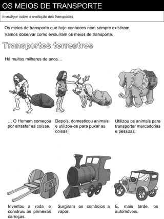 OS MEIOS DE TRANSPORTE
Investigar sobre a evolução dos transportes


 Os meios de transporte que hoje conheces nem sempre existiram.
 Vamos observar como evoluíram os meios de transporte.




 Há muitos milhares de anos…




   … O Homem começou Depois, domesticou animais           Utilizou os animais para
   por arrastar as coisas. e utilizou-os para puxar as    transportar mercadorias
                           coisas.                        e pessoas.




   Inventou a roda e             Surgiram os comboios a   E, mais tarde,      os
   construiu as primeiras        vapor.                   automóveis.
   carroças.
 