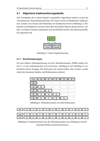 4 Eingeschlagener Realisierungsweg 21
4.1 Allgemeine Implementierungsdetails
Zum Verständnis der in diesem Kapitel vorgestellten Algorithmen bedarf es zuerst der
Vorstellung der Clusterimplementierung. Ein Cluster wurde als Binärknoten implemen-
tiert, welcher zwei Cluster oder Dokumente als Kindsknoten besitzt (Abbildung 7). Do-
kumente als Kindsknoten sind mit einem Blatt des binären Baumes gleichzusetzen, wel-
cher von beiden Varianten aufgespannt und anschließend mittels einer Benutzeroberflä-
che angezeigt wird.
Abbildung 7: Cluster-Implementierung
4.1.1 Ähnlichkeitsanalyse
Für eine effektive Datenspeicherung wird die Ähnlichkeitsmatrix (DDM) mittels For-
mel 11 in eine eindimensionale Liste konvertiert. Abbildung 8 und Abbildung 9 ver-
deutlichen diesen Vorgang. Die Referenzen der beiden Kinder eines Clusters werden
mittels der konstanten Spalten- und Reihenindizes realisiert:
Abbildung 8: Ähnlichkeitsmatrix von fünf Dokumenten
Abbildung 9: Eindimensionale Form der Ähnlichkeitsmatrix aus Abbildung 8 mit Do-
kumenten-Reihen und Zeilenreferenzen
parent
left child
/ row
right child
/ column
4 53
0
7 8
1 2
0
1
2
3
4
43210DD
6 9
0 1 2 4 53 7 86 9idx
1 2 2 3 33 4 44 4row
0 0 1 1 20 1 20 3col
 