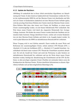 4 Eingeschlagener Realisierungsweg 22
4.1.2 Update der Nachbarn
Abbildung 10 verdeutlicht den in dieser Arbeit entwickelten Algorithmus zur Aktuali-
sierung der Cluster. In dem iterativen Updateschritt der Clusteranalyse werden die Clus-
ter der eindimensionalen DDD bis auf den Maxima Cluster (rot) durchlaufen und falls
sich ein Cluster in Kindsrelation (dunkelrot) mit dem Maxima-Cluster befindet (grün),
wird das jeweilige Kind dieser Relation des Clusters durch den Maxima-Cluster ersetzt.
Diese Relation führt dazu, dass immer zwei Cluster, die Nachbarn, zu einem neuen
Cluster zusammengefügt werden, wie der braune bidirektionale Pfeil verdeutlicht. Der
Wert dieses neuen Clusters wird durch das eingesetzte Distanzmaß, hier Average-
Linkage, bestimmt. Die Kinder des neuen Clusters werden durch den Nachbarn mit mi-
nimalem Index bestimmt. Orange identifiziert Cluster, welche sich in keiner Kindsrela-
tion mit dem Maxima-Cluster befinden und direkt in die Ausgabe kopiert werden. So
wird in jeder Rekursion die DDM zur nächstkleineren Dreieckszahl hin verkleinert.
Dieser Vorgang wird in zwei Schritte unterteilt. Zuerst werden die neuen Werte und
Referenzen der zusammengefügten Cluster, mittels mehrerer CPU-Threads (CPU, s.
Abschnitt 4.2.3) oder der Grafikkarte (GPU, s. Abschnitt 4.3.7) parallel berechnet. An-
schließend wird durch einen weiteren CPU-Thread der Clusterbaum asynchron aktuali-
siert. Da sich die Anzahl der Cluster und somit das Wertearray in jeder Iteration zur
nächstkleineren Dreieckszahl hin verkleinert und nur die Werte dieser neuen Cluster
berechnet werden, benötigt die Aktualisierung des Clusterbaumes auf der CPU die Re-
ferenz zu dem jeweiligen originalen Cluster (Nachbar mit minimalen Index) sowie die
Kindsposition des Maxima-Clusters. Weitere detaillierte Informationen zu diesem Algo-
rithmus befinden sich auf dem mitgelieferten Datenträger [36].
Abbildung 10: Durchführung eines Clusteranalyse-Rekursionsschrittes
0.938 0 0 1.057 0.539 0 0.662 0.3470.274 0.000
1 0 2 0 2 1 3 0 3 1 3 2 4 0 4 1 4 2 4 3
0
2 1
0.274 0.000
4 1 4 2
0.738
1
0
2
0.505
41.05
3 0
1.05
3 0
1.05
3 0
0 00222
10 2 86 7
max pos
orig ref
index 0 1 2 3 4 5 876 9
 