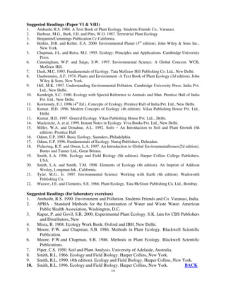 14
Suggested Readings (Paper VI & VIII)
1. Ambasht, R.S. 1988. A Text Book of Plant Ecology. Students Friends Co., Varanasi.
2. Barbour, M.G., Burk, J.H. and Pitts, W.O. 1987. Terrestrial Plant Ecology.
3. Benjamin/Cummings Publication Cc California.
4. Botkin, D.B. and Keller, E.A. 2000. Environmental Planet (3rd
edition). John Wiley & Sons Inc.,
New York.
5. Chapman, J.L. and Reiss, M.J. 1995. Ecology: Principles and Applications. Cambridge University
Press.
6. Cunningham, W.P. and Saigo, S.W. 1997. Environmental Science: A Global Concern. WCB,
McGraw Hill.
7. Dash, M.C. 1993. Fundamentals of Ecology. Tata McGraw Hill Publishing Co. Ltd., New Delhi.
8. Daubenmire, A.F. 1974. Plants and Environment -A Text Book of Plant Ecology (3d edition). John
Wiley & Sons, New York.
9. Hill, M.K. 1997. Understanding Environmental Pollution. Cambridge University Press. India Pvt.
Ltd., New Delhi.
10. Kendeigh, S.C. 1980. Ecology with Special Reference to Animals and Man. Prentice Hall of India
Pvt. Ltd., New Delhi.
11. Kormondy, E.J. 1996 (4th
Ed.). Concepts of Ecology. Prentice Hall of India Pvt. Ltd., New Delhi.
12. Kumar, H.D. 1996. Modern Concepts of Ecology (4h edition). Vikas Publishing House Pvt. Ltd.,
Delhi.
13. Kumar, H.D. 1997. General Ecology. Vikas Publishing House Pvt. Ltd.., Delhi.
14. Mackenzie, A. et al. 1999. Instant Notes in Ecology. Viva Books Pvt. Ltd., New Delhi.
15. Miller, W.A. and Donahue, A.L. 1992. Soils ~ An Introduction to Soil and Plant Growth (6h
edition). Prentice Hall
16. Odum, E.P. 1983. Basic Ecology. Saunders, Philadelphia.
17. Odum, E.P. 1996. Fundamentals of Ecology. Natraj Publishers, Dehradun.
18. Pickering, K.T. and Owen, L.A. 1997. An Introduction to Global Environmentallssues(2'd edition).
Butter and Tanner Ltd., Great Britain.
19. Smith, L.A. 1996. Ecology and Field Biology (Sh edition). Harper Collins College Publishers,
USA.
20. Smith, L.A. and Smith, T.M. 1998. Elements of Ecology (4h edition). An Imprint of Addison
Wesley, Longman Ink., California.
21. Tyler, M.G., Jr. 1997. Environmental Science: Working with Earth (6h edition). Wadsworth
Publishing Co.
22. Weaver, J.E. and Clements, S.E. 1966. Plant Ecology. Tata McGraw Publishing Co. Ltd., Bombay.
Suggested Readings (for laboratory exercises)
1. Ambasht, R.S. 1990. Environment and Pollution. Students Friends and Co. Varanasi, India.
2. APHA - Standard Methods for the Examination of Water and Waste Water. American
Public Health Association, Washington, D.C.
3. Kapur, P. and Govil, S.R. 2000. Experimental Plant Ecology. S.K. Jain for CBS Publishers
and Distributors, New
4. Misra, R. 1968. Ecology Work Book. Oxford and IBH. New Delhi.
5. Moore, P.W. and Chapman, S.B. 1986. Methods in Plant Ecology. Blackwell Scientific
Publication.
6. Moore, P.W.and Chapman, S.B. 1986. Methods in Plant Ecology. Blackwell Scientific
Publications.
7. Piper, C.S. 1950. Soil and Plant Analysis. University of Adelaide, Australia.
8. Smith, R.L. 1966. Ecology and Field Biology. Harper Collins, New York.
9. Smith, R.L. 1990. (4th edition). Ecology and Field Biology. Harper Collins, New York.
10. Smith, R.L. 1996. Ecology and Field Biology. Harper Collins, New York. BACK
 