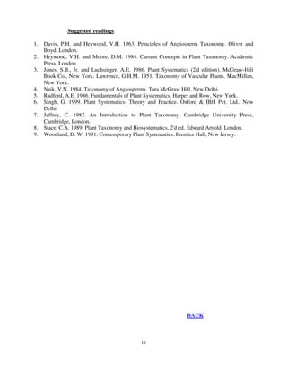 16
Suggested readings:
1. Davis, P.H. and Heywood, V.H. 1963. Principles of Angiosperm Taxonomy. Oliver and
Boyd, London.
2. Heywood, V.H. and Moore, D.M. 1984. Current Concepts in Plant Taxonomy. Academic
Press, London.
3. Jones, S.B., Jr. and Luchsinger, A.E. 1986. Plant Systematics (2'd edition). McGraw-Hili
Book Co., New York. Lawrence, G.H.M. 1951. Taxonomy of Vascular Plants. MacMillan,
New York.
4. Naik, V.N. 1984. Taxonomy of Angiosperms. Tata McGraw Hill, New Delhi.
5. Radford, A.E. 1986. Fundamentals of Plant Systematics. Harper and Row, New York.
6. Singh, G. 1999. Plant Systematics: Theory and Practice. Oxford & IBH Pvt. Ltd., New
Delhi.
7. Jeffrey, C. 1982. An Introduction to Plant Taxonomy. Cambridge University Press,
Cambridge, London.
8. Stace, C.A. 1989. Plant Taxonomy and Biosystematics, 2'd ed. Edward Arnold, London.
9. Woodland, D. W. 1991. Contemporary Plant Systematics. Prentice Hall, New Jersey.
BACK
 