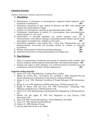 26
Laboratory Exercises:
(Number of lab hours should be uniformly distributed)
A. Microbiology:
1. Determination of dimensions of microorganisms (suggested model organisms: yeast,
lactobacilli, Cyanobacteria). (1P)
2. Sterilization; preparation of agar medium for Bacteria and PDA solid medium and
Czapeck Dox liquid medium for fungi. (2P)
3. Isolation of microorganisms: streaking on agar plates/pour plate method (2P)
4. Turbidimetric determination of growth of a microorganism using spectrophotometer
(model organism: E. coli / yeast). (1P)
5. Determination of microbial population size (model organism: yeast; use of
haemocytometer, serial dilution technique, relationship between dilution and cell count,
determination of standard error, reliability in cell counts). (1P)
6. Mycorrhizal preparation using tryphan blue / cotton blue. Demonstration ecto- and
endomycorrhizae; wet-sieving and decanting method for isolation of arbuscular
mycorrhizae. (2P)
7. Isolation and inoculation of bacterial and fungal pathogens. (2P)
8. Anatomical observations of fungal infected plants (rust, blight, rots). (1P)
B. Plant Pathology:
1. Study of symtomotology, morphology and anatomy of important locally available plant
diseases symptoms and host-parasite relationship (One viral, bacterial and fungal). (1P)
2. Isolation and culture of plant pathogens (e.g. Colletotrichum/Fusarium/Alternaria) and
establishment of Koch's postulates and their pathogenicity. (2P)
Suggested reading materials:
1. Agrios, G.N. 1997. Plant Pathology. Academic Press, London.
2. Albajes, R., Gullino, M.L., van Lenteren, J.C. and Elad, Y. 2000. Integrated Pest and
Disease Management in Greenhouse Crops. Kluwer Academic Publishers.
3. Bridge, P. et al. 1998. Molecular Variability of Fungal Pathogens. CAB International,
UK.
4. Bridge, P. et al. 1999. Application of PCR in Mycology. CAB International, UK.
5. Bridge, P., Moore, D.R. and Scott, P.R. 1998. Informationa.i Technology, Plant
Pathology and Biodiversity. CAB International, UK.
6. Persley, G.J. 1996. Biotechnologies and Integrated Pest Management. CAB International,
UK.
7. Skerritt, J.H. and Apples, R. 1995. New Diagnostics in Crop Sciences. CAB
International, UK.
8. Sullia, S.B. 2001. General Microbiology, Oxford Publishers, New Delhi
9. Tauro, P.T. 1988. Introductory Microbiology.
10. Vaidya, J.C. 2000. Biology of Fungi.
11. And any other latest books on the subject
 