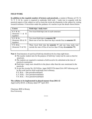 30
FIELD WORK
In addition to the requisite number of lectures and practicals, a student of Botany at F.Y./ S.
Y./ T. Y. B. Sc. course is required to undertake field work / study tour to acquaint with the
practical aspects of the subject as well as learn the recent developments in the subject by visiting
research institutes / Universities under the guidance of a teacher as per the details shown below:
Course Field trips / study tours
F.Y. B. Sc.
(Semester I & II
together)
Two local field trips (one in each semester)
S.Y. B. Sc.
(Semester III & IV
together)
Two local field trips in semester III
Short tour of not less than four days outside Goa in semester IV.
T.Y. B.Sc.
(Semester V & VI)
Three local field trips in semester V and one long study tour
outside the state of Goa of not less than 10 days in semester VI.
Note 1: Total duration of each local field trip should not be less than eight hours.
2: The teacher student ratio for the purpose of field trip / study tour be same as that for
practicals.
3. The students are required to maintain a field record to be submitted at the time of
practical examination.
4. Field trips / study tours should be to the places other than the ones mentioned in the
practicals.
5. As per the circular No. GU/V/Gen. Appt./30/97/3754 dated 26.6.1997 following will
be the work load for field work/study tour in Botany.
F.Y. B.Sc. - One period/week/batch
S. Y. B.Sc. - Two periods/week/batch
T.Y. B.Sc. - Five periods/week/batch
The syllabus to be implemented in phased manner from 2011-12
Approved by B.O.S. in Botany dated 19th
April 2011
Chairman, BOS in Botany
Goa University
*****
 
